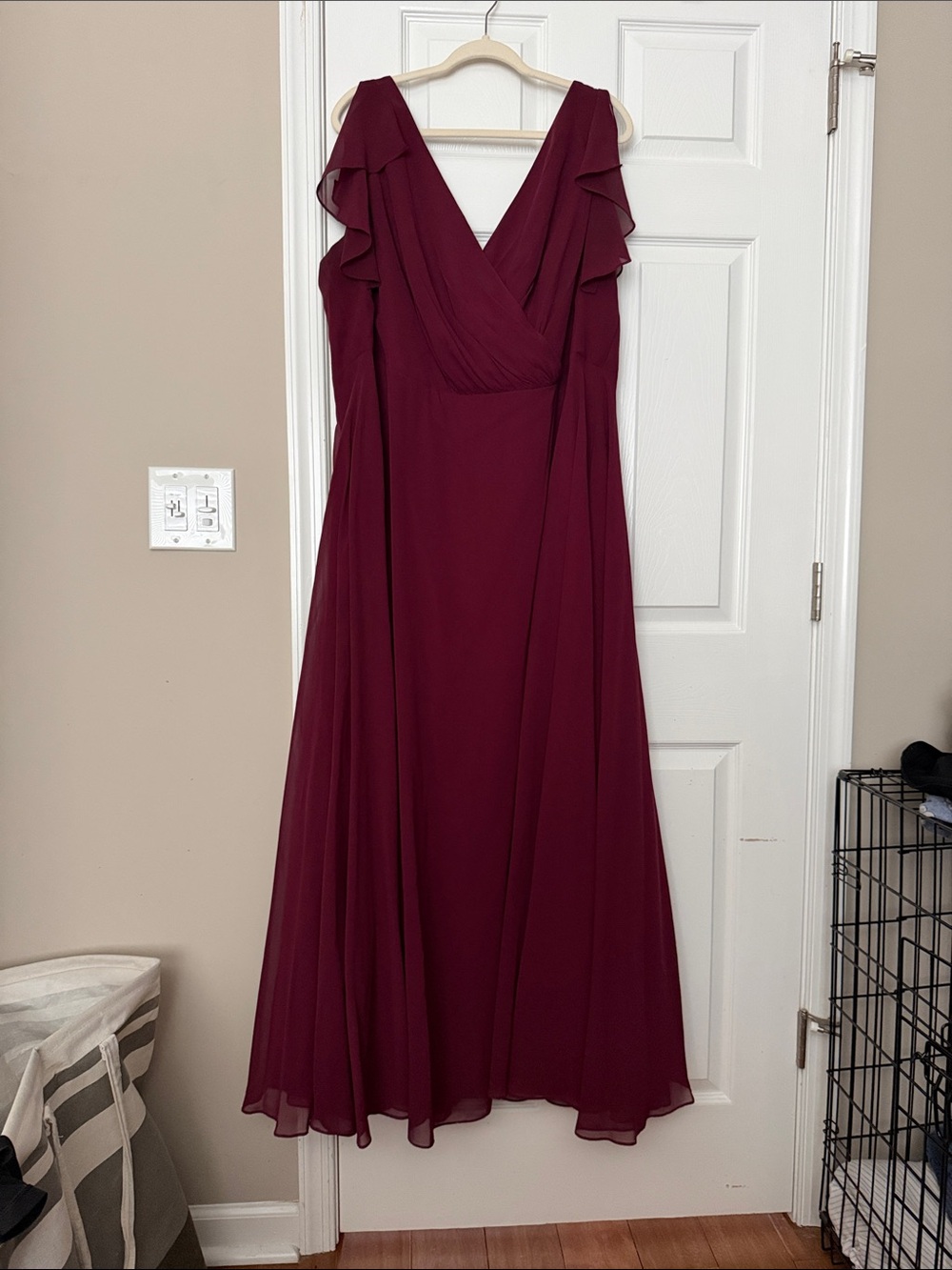 David's Bridal Burgundy Ruffle-Sleeve Chiffon Maxi Dress